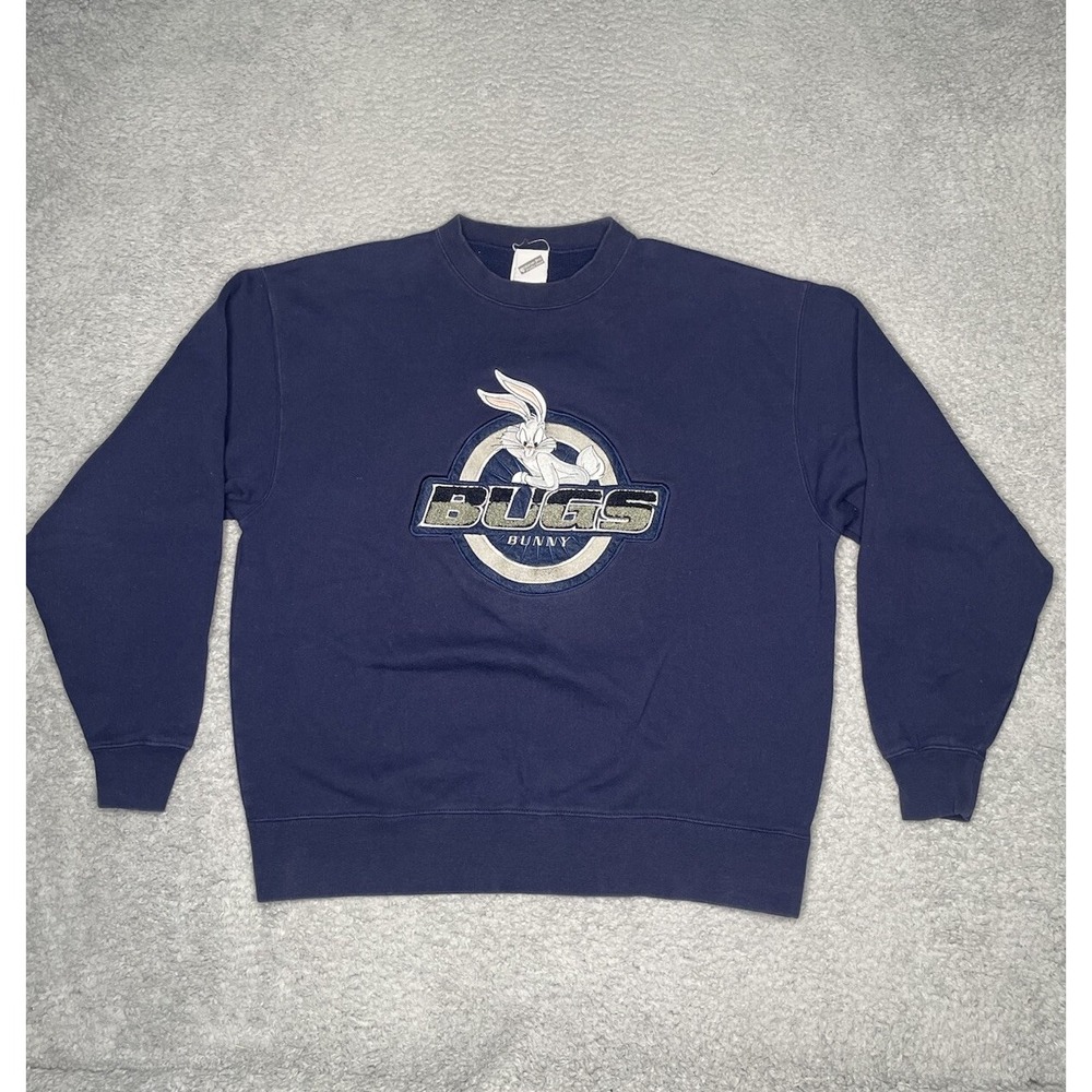 Vintage Y2K Bugs Bunny Crew Neck Adult L Navy Blue Embroidered Cartoon Pullover